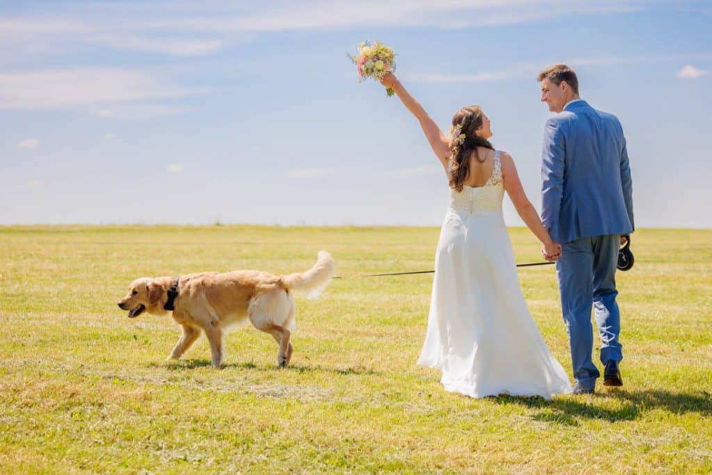 Romantisches Portraitshooting mit Hund und Diana und Hendrik im Grünen des Sauerlands. Die hügelige Landschaft, Wiesen und Felder boten eine malerische Kulisse für natürliche, emotionale Hochzeitsfotos. Authentische Aufnahmen voller Liebe und Glück, fotografiert vom Hochzeitsfotograf Sauerland.