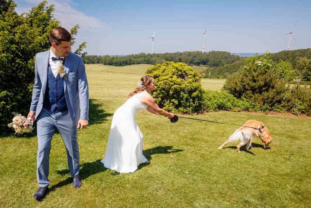 Romantisches Portraitshooting mit Hund und Diana und Hendrik im Grünen des Sauerlands. Die hügelige Landschaft, Wiesen und Felder boten eine malerische Kulisse für natürliche, emotionale Hochzeitsfotos. Authentische Aufnahmen voller Liebe und Glück, fotografiert vom Hochzeitsfotograf Sauerland.